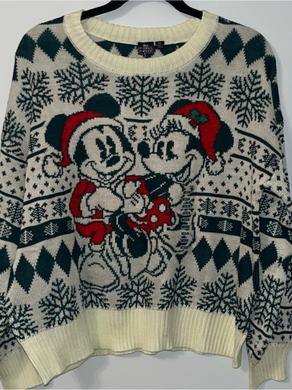 Unisex MICKEY & MINNIE
MOUSE CHRISTMAS SWEATER JUNIORS MED Green Red Cream